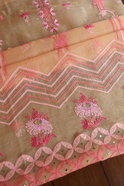 Orange & Pink Shade Organza Silk Chikankari Unstitched Fabric