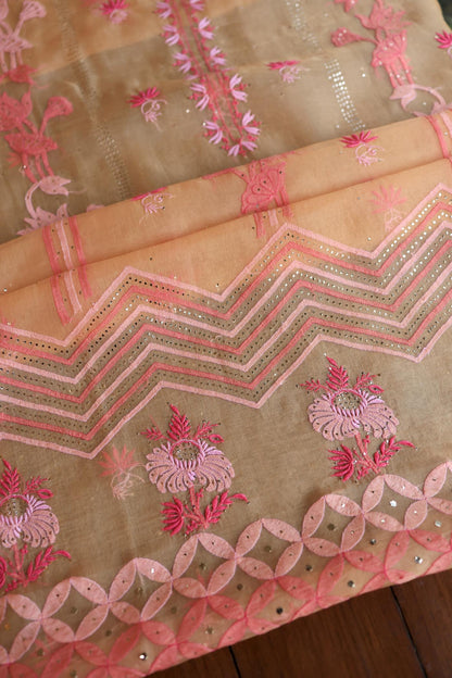 Orange & Pink Shade Organza Silk Chikankari Unstitched Fabric