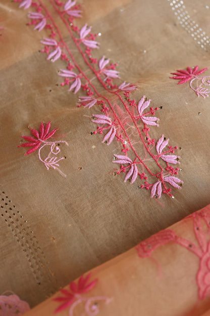 Orange & Pink Shade Organza Silk Chikankari Unstitched Fabric