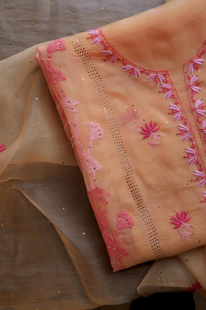 Orange & Pink Shade Organza Silk Chikankari Unstitched Fabric