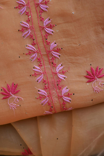 Orange & Pink Shade Organza Silk Chikankari Unstitched Fabric