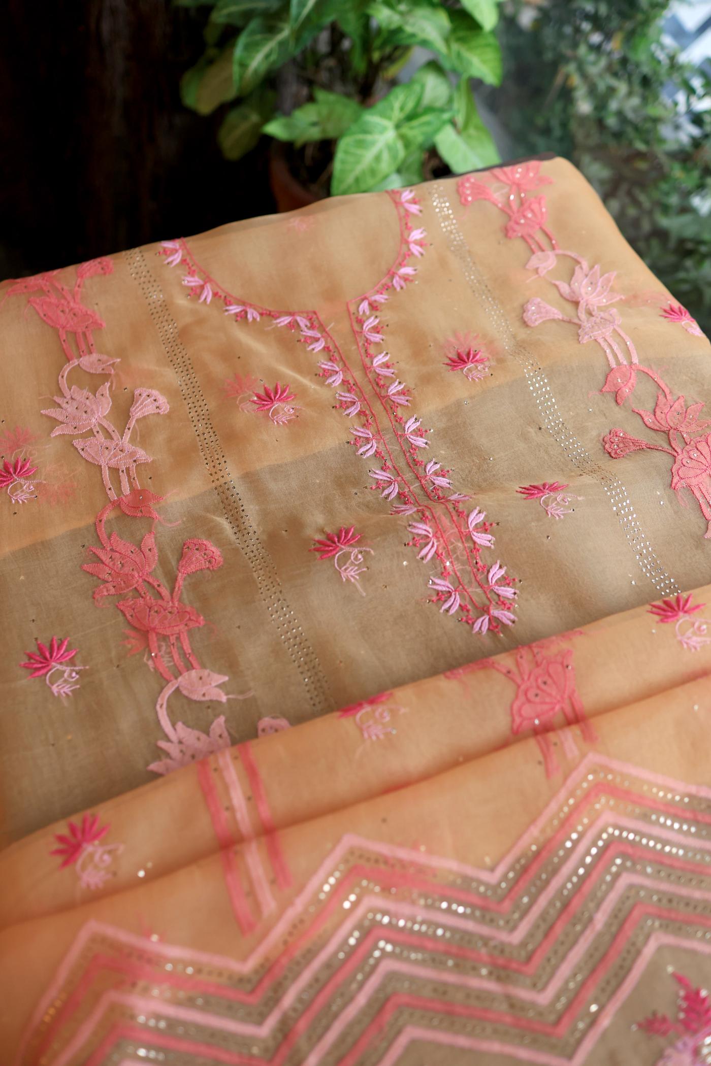 Orange & Pink Shade Organza Silk Chikankari Unstitched Fabric