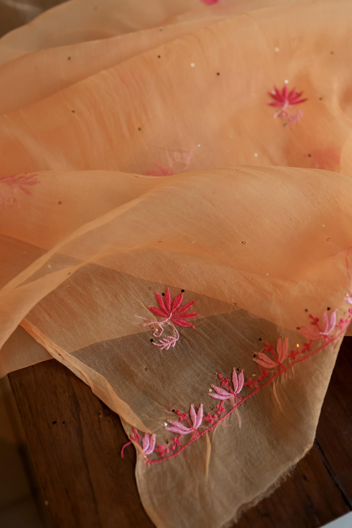 Orange & Pink Shade Organza Silk Chikankari Unstitched Fabric