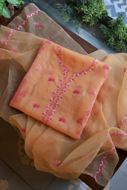 Orange & Pink Shade Organza Silk Chikankari Unstitched Fabric
