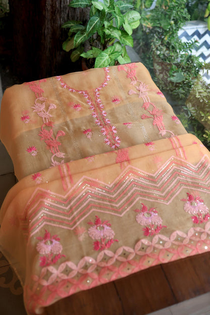 Orange & Pink Shade Organza Silk Chikankari Unstitched Fabric