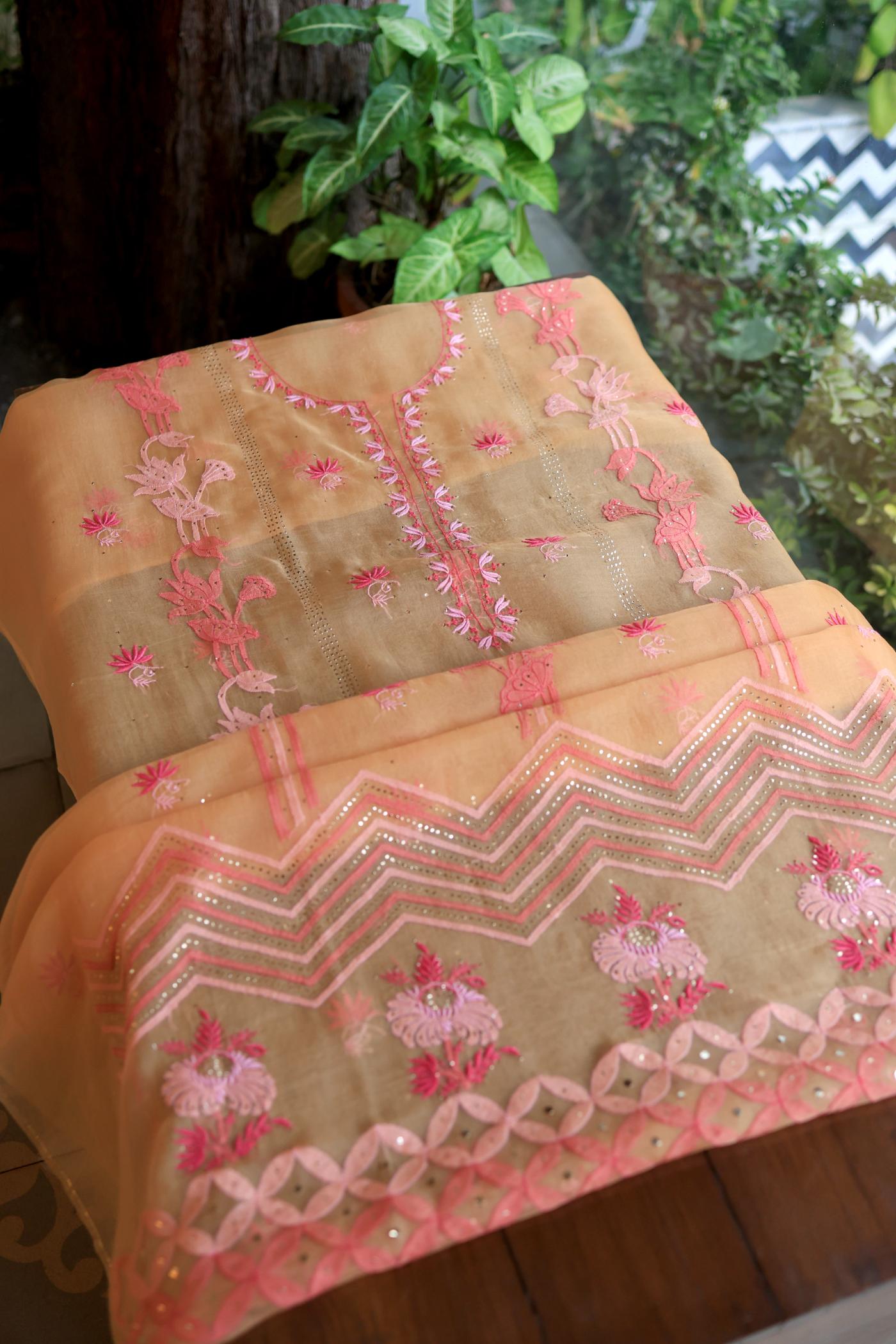Orange & Pink Shade Organza Silk Chikankari Unstitched Fabric