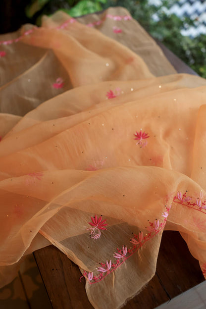 Orange & Pink Shade Organza Silk Chikankari Unstitched Fabric