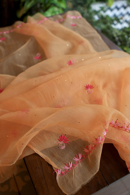 Orange & Pink Shade Organza Silk Chikankari Unstitched Fabric