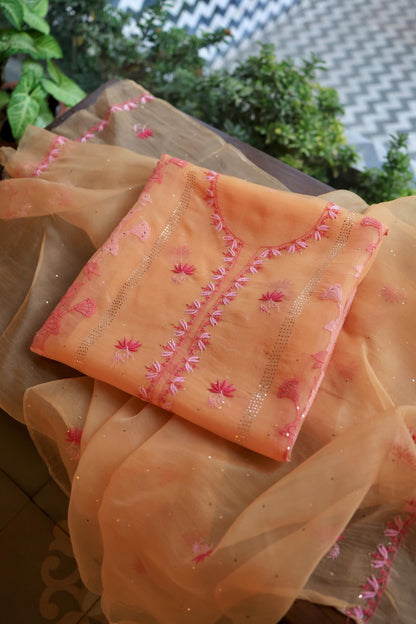Orange & Pink Shade Organza Silk Chikankari Unstitched Fabric