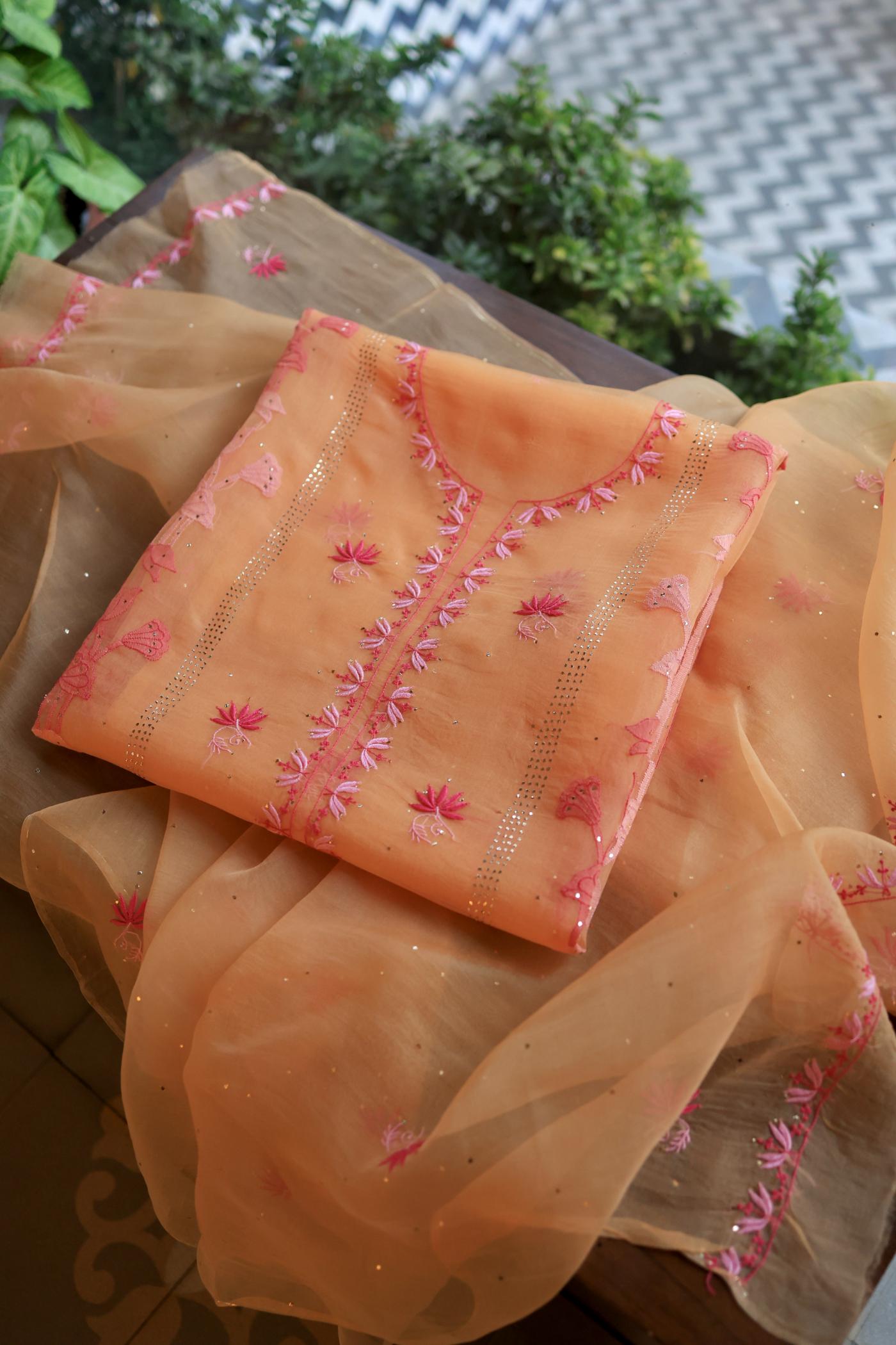 Orange & Pink Shade Organza Silk Chikankari Unstitched Fabric