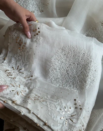 White Shade Fine Chikankari Organza Mukaish Saree
