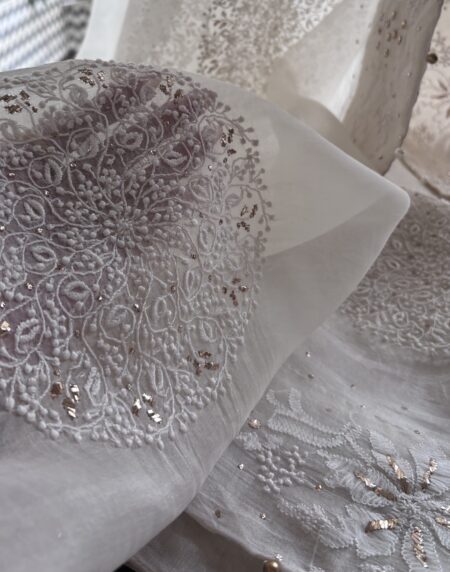 White Shade Fine Chikankari Organza Mukaish Saree