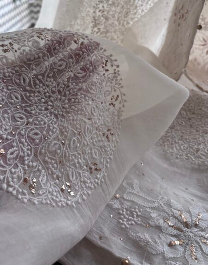 White Shade Fine Chikankari Organza Mukaish Saree