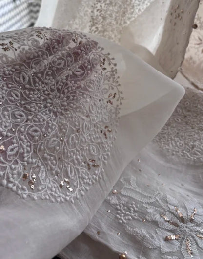 White Shade Fine Chikankari Organza Mukaish Saree