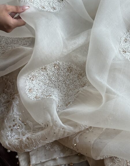 White Shade Fine Chikankari Organza Mukaish Saree