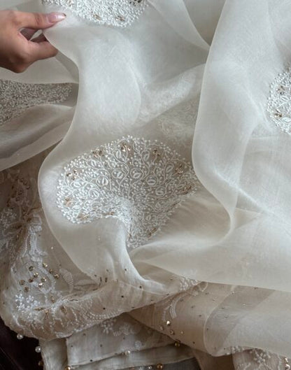 White Shade Fine Chikankari Organza Mukaish Saree