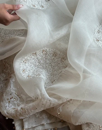 White Shade Fine Chikankari Organza Mukaish Saree