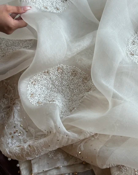 White Shade Fine Chikankari Organza Mukaish Saree