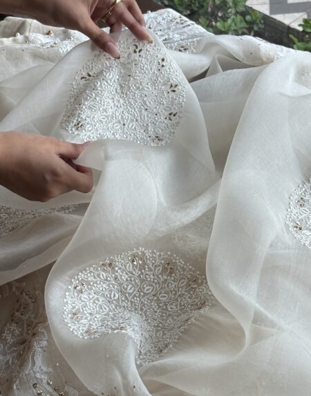 White Shade Fine Chikankari Organza Mukaish Saree