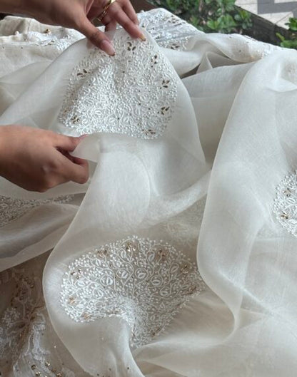White Shade Fine Chikankari Organza Mukaish Saree