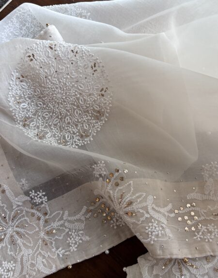 White Shade Fine Chikankari Organza Mukaish Saree