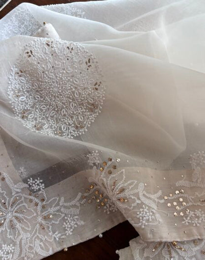 White Shade Fine Chikankari Organza Mukaish Saree