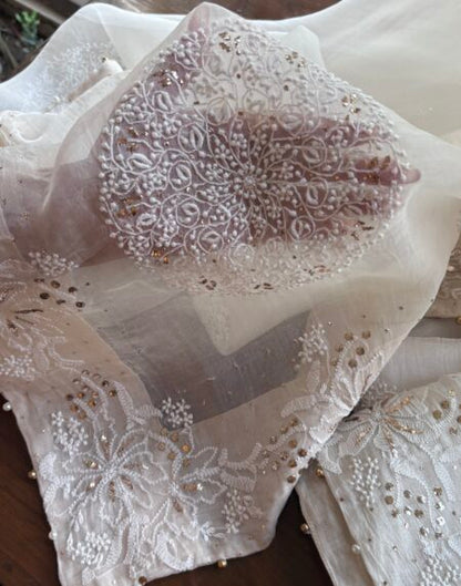 White Shade Fine Chikankari Organza Mukaish Saree