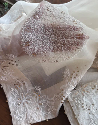 White Shade Fine Chikankari Organza Mukaish Saree