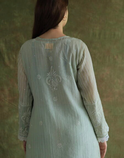 Mint Green Soft Malmal Stripe Pattern Pearl Work Chikankari Kurta Set