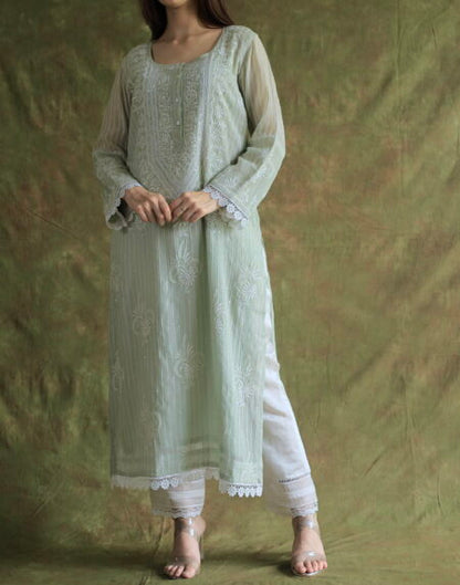 Mint Green Soft Malmal Stripe Pattern Pearl Work Chikankari Kurta Set