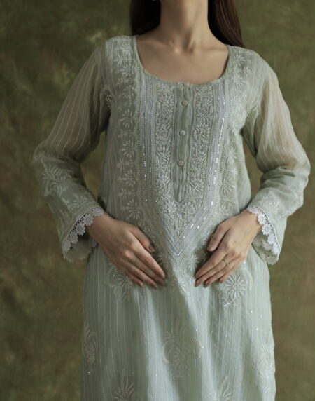 Mint Green Soft Malmal Stripe Pattern Pearl Work Chikankari Kurta Set