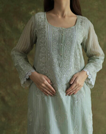 Mint Green Soft Malmal Stripe Pattern Pearl Work Chikankari Kurta Set