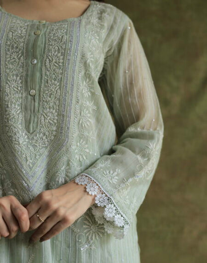 Mint Green Soft Malmal Stripe Pattern Pearl Work Chikankari Kurta Set