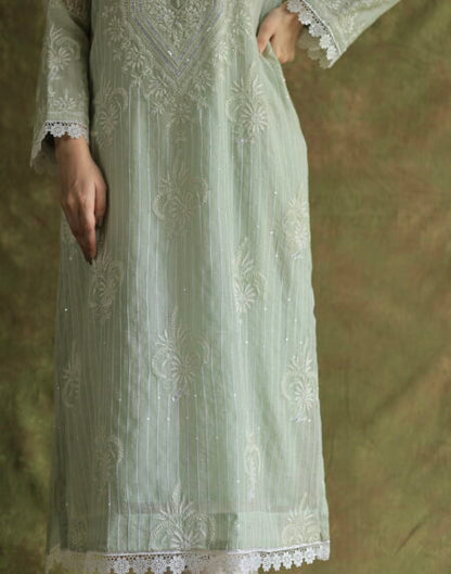 Mint Green Soft Malmal Stripe Pattern Pearl Work Chikankari Kurta Set