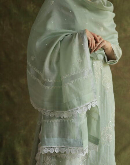 Mint Green Soft Malmal Stripe Pattern Pearl Work Chikankari Kurta Set