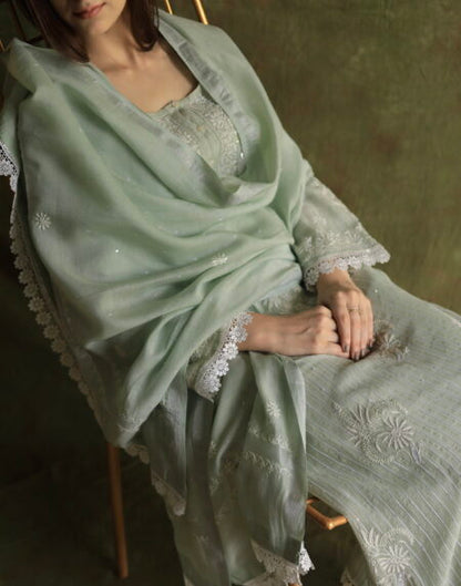 Mint Green Soft Malmal Stripe Pattern Pearl Work Chikankari Kurta Set