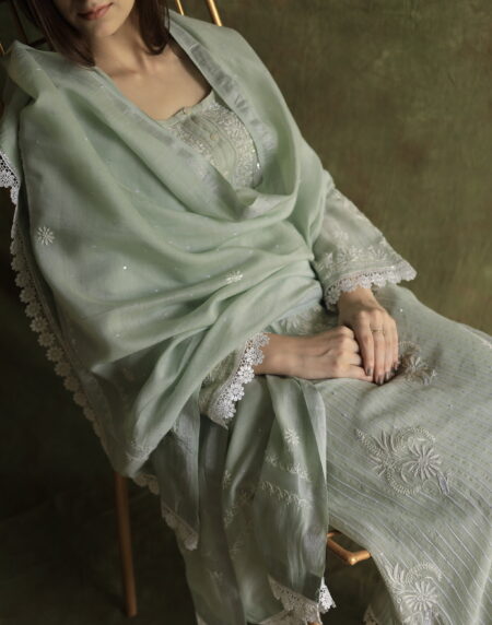 Mint Green Soft Malmal Stripe Pattern Pearl Work Chikankari Kurta Set