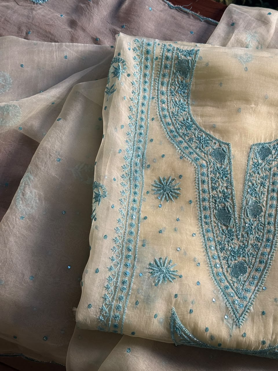 Pale Yellow Shade Noor Organza Silk Chikankari Unstitched Kurta Dupatta Set