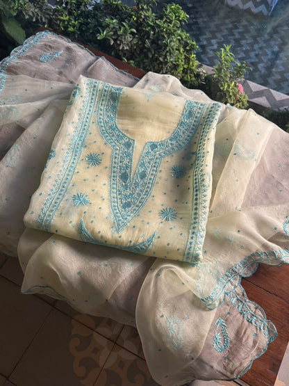 Pale Yellow Shade Noor Organza Silk Chikankari Unstitched Kurta Dupatta Set