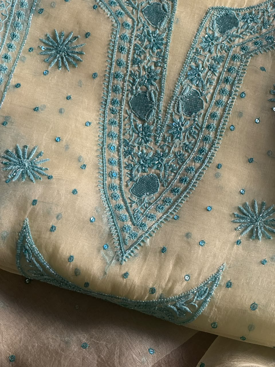 Pale Yellow Shade Noor Organza Silk Chikankari Unstitched Kurta Dupatta Set