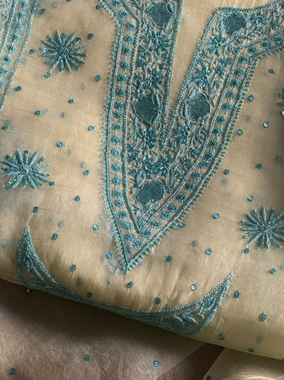 Pale Yellow Shade Noor Organza Silk Chikankari Unstitched Kurta Dupatta Set