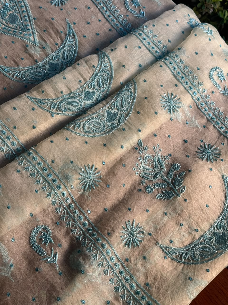 Pale Yellow Shade Noor Organza Silk Chikankari Unstitched Kurta Dupatta Set
