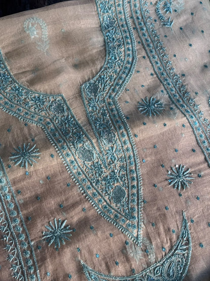 Pale Yellow Shade Noor Organza Silk Chikankari Unstitched Kurta Dupatta Set