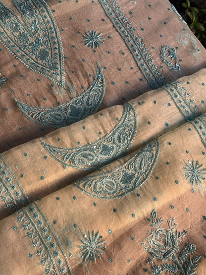 Pale Yellow Shade Noor Organza Silk Chikankari Unstitched Kurta Dupatta Set