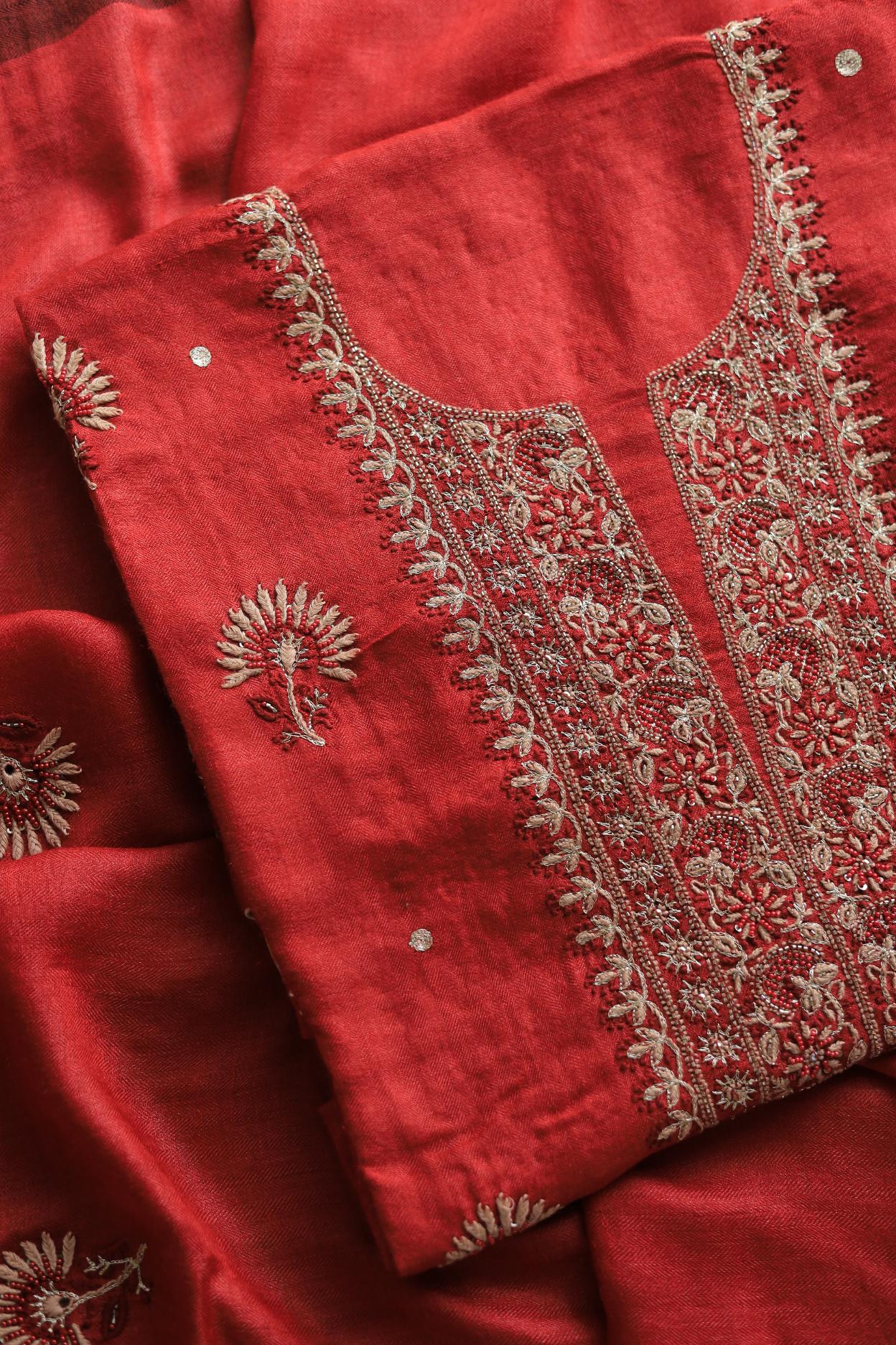 Red Pashmina x Chikankari Fabrics