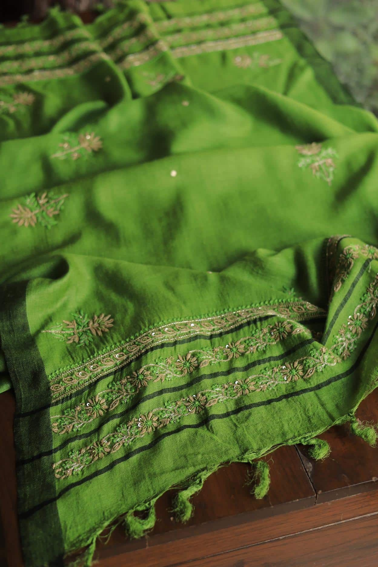 Green Pashmina x Chikankari Fabrics