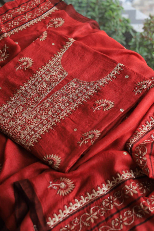 Red Pashmina x Chikankari Fabrics