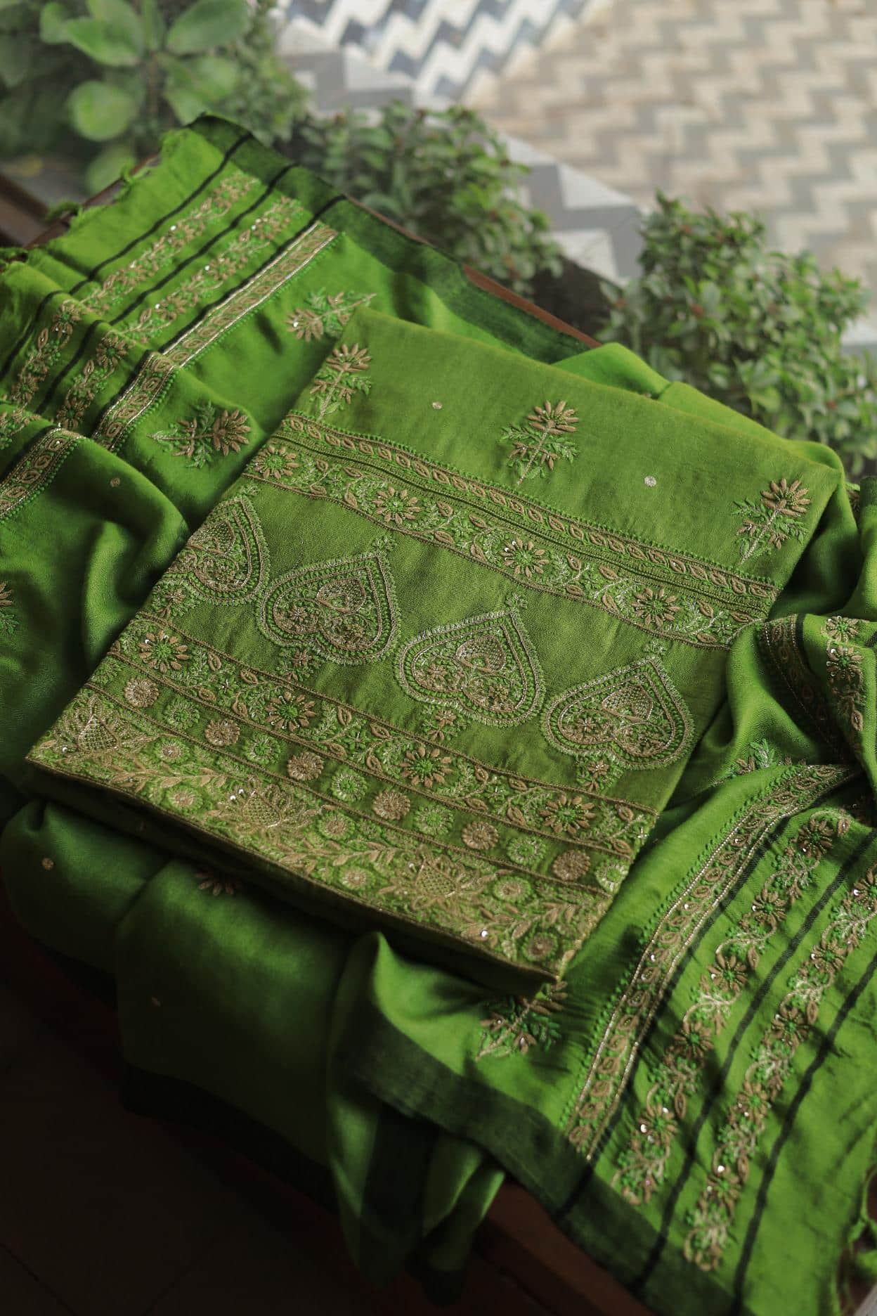 Green Pashmina x Chikankari Fabrics