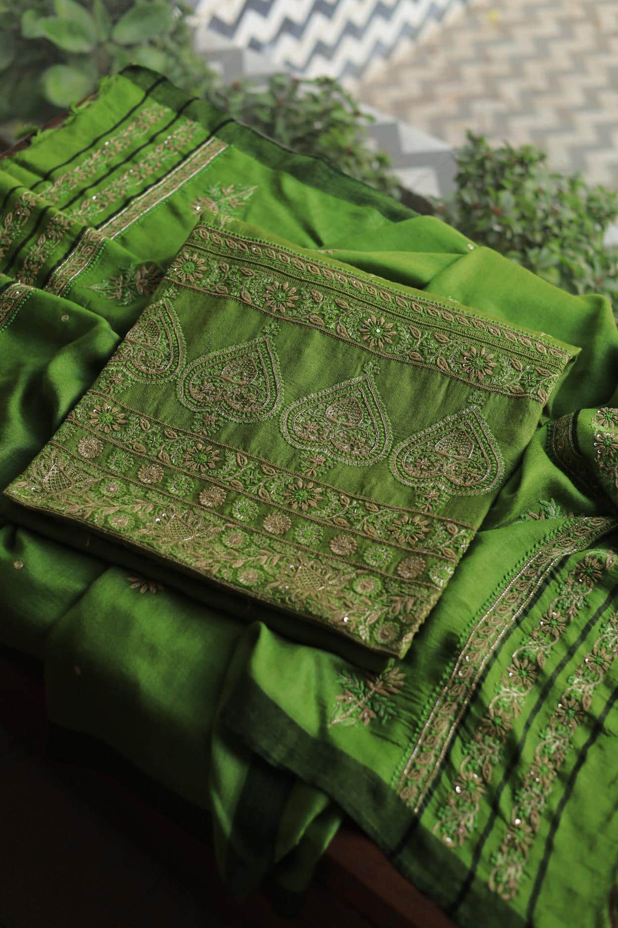 Green Pashmina x Chikankari Fabrics