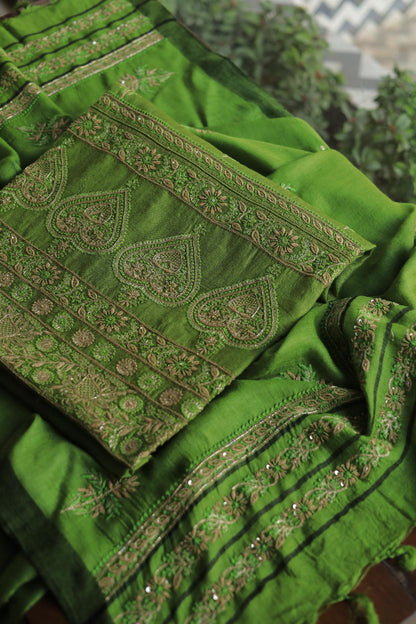 Green Pashmina x Chikankari Fabrics